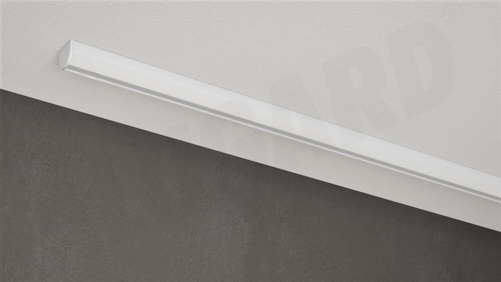 Weiße 1-läufige Aufputz-Gardinenschiene Modell 410, verdeckt montiert an weißer Decke, ohne Vorhang.