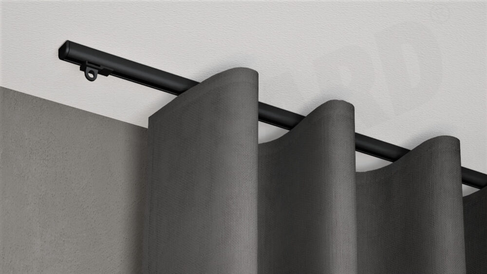 Deckenschiene Modell 887 schwarz mit Vorhang Deckenschiene Modell 887 schwarz mit Vorhang