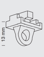 Technische Zeichnung eines Zwischenfeststellers für Gardinenschienen mit 6 mm Lauf, inklusive Maßangaben und Konstruktionsdetails.
