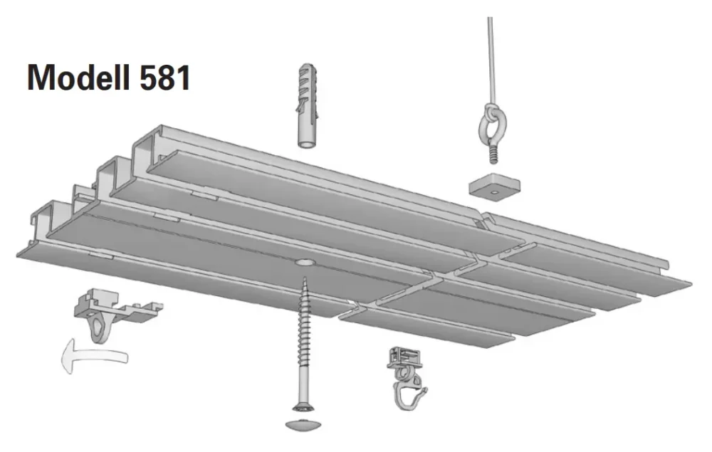 Technische Zeichnung der weißen 3-läufigen Unterputz-Gardinenschiene Modell 581 mit Maßangaben und Querschnittsansicht.