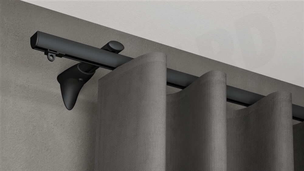 Modell 410 – Wandschiene in Schwarz mit Vorhang Wandschiene Modell 410 in Schwarz mit Vorhang montiert