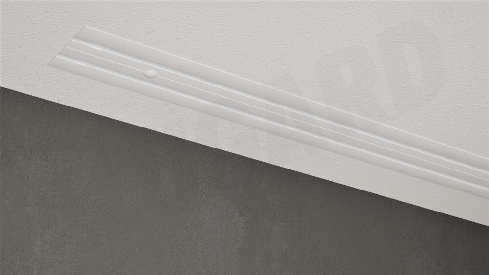 Modell 580 – Weiße 2-läufige Unterputz-Gardinenschiene ohne Vorhang Weiße 2-läufige Unterputz-Gardinenschiene Modell 580, flächenbündig in eine weiße Decke eingebaut – ohne Vorhang.