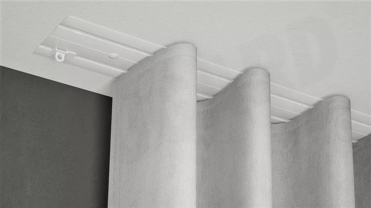 Modell 583 – 2-läufige Unterputz-Gardinenschiene mit Vorhang für elegante Deckenintegration 2-läufige Unterputz-Gardinenschiene Modell 583 mit flächenbündiger Deckenmontage und doppellagigem Vorhang in sanftem Faltenwurf.