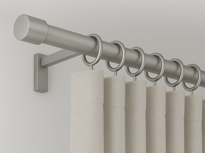 Maßgefertigte Gardinenstange aus Edelstahl mit montiertem Vorhang, moderne Fensterdekoration