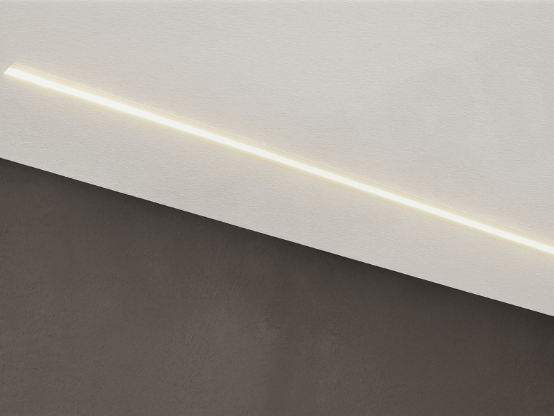 Schmale Unterputz-LED-Lichtlinie in weißer Decke, als dezente Beleuchtung installiert.